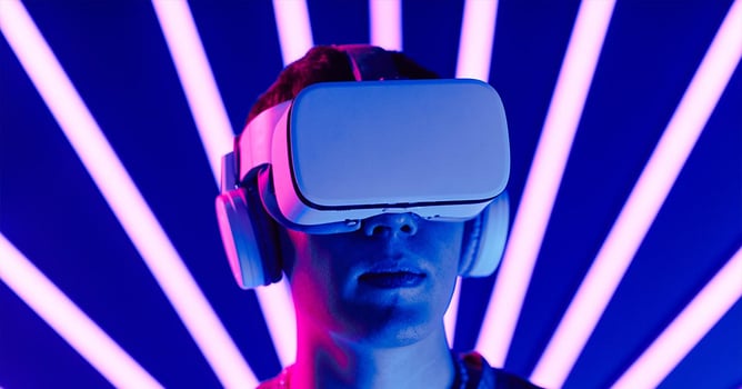 Man wears virtual reality headset
